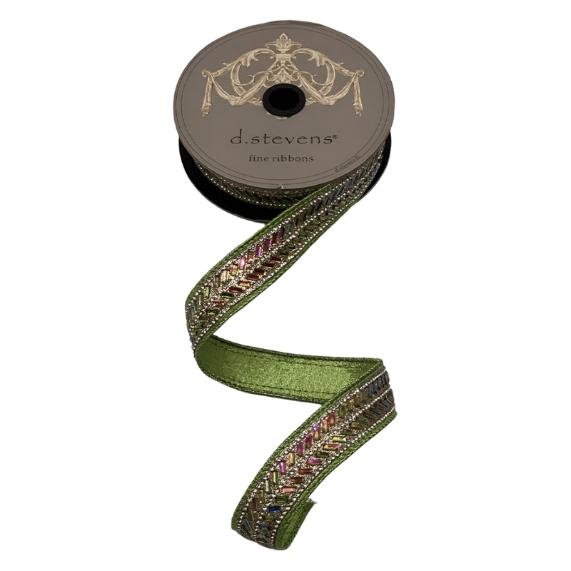 1″ Metallic Dupion Herringbone Jewel Ribbon: Lime (5 Yards)