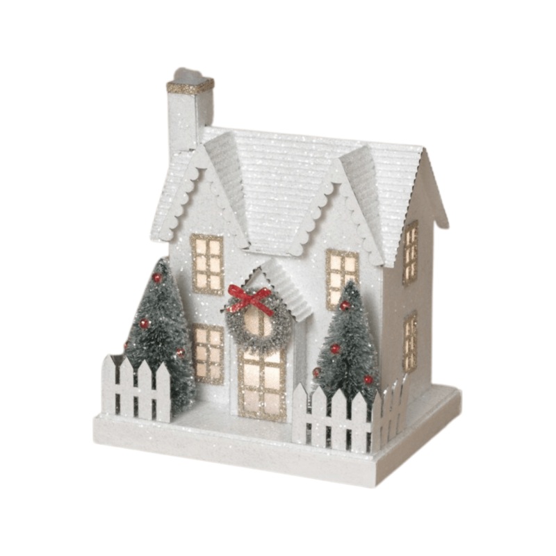 7″ Lighted Holiday House with Trees