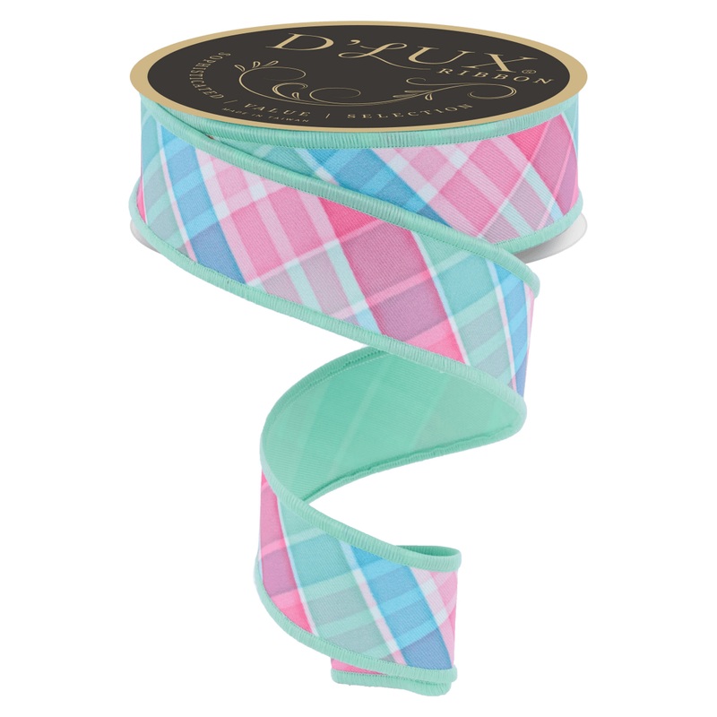 1.5″ Bold Plaid Fused Ribbon: Light Teal (10 Yards)