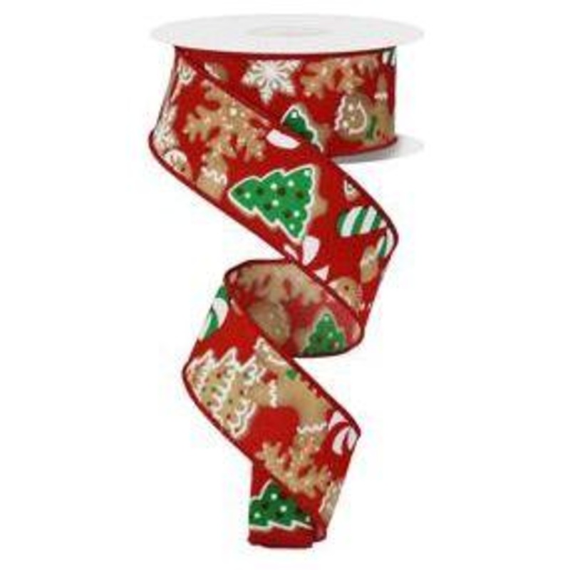 1.5″ Gingerbread Cookies Ribbon: Red (10 Yards)