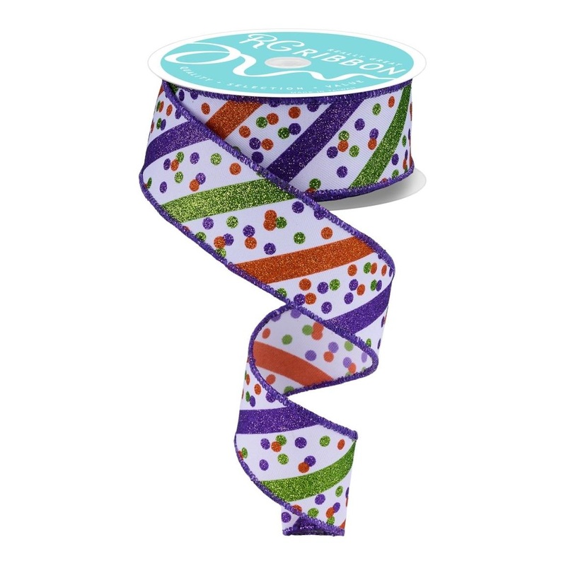 1.5″ Glitter Stripe Confetti Dots Ribbon: White (10 Yards)