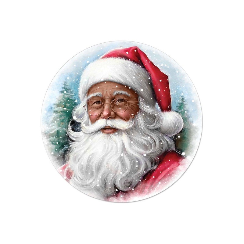 12″ Metal Round Sign: Dark Skin Santa Portrait
