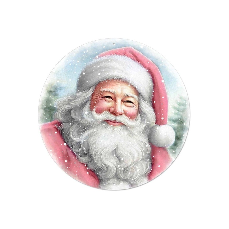 12″ Metal Round Sign: Pink Santa Portrait
