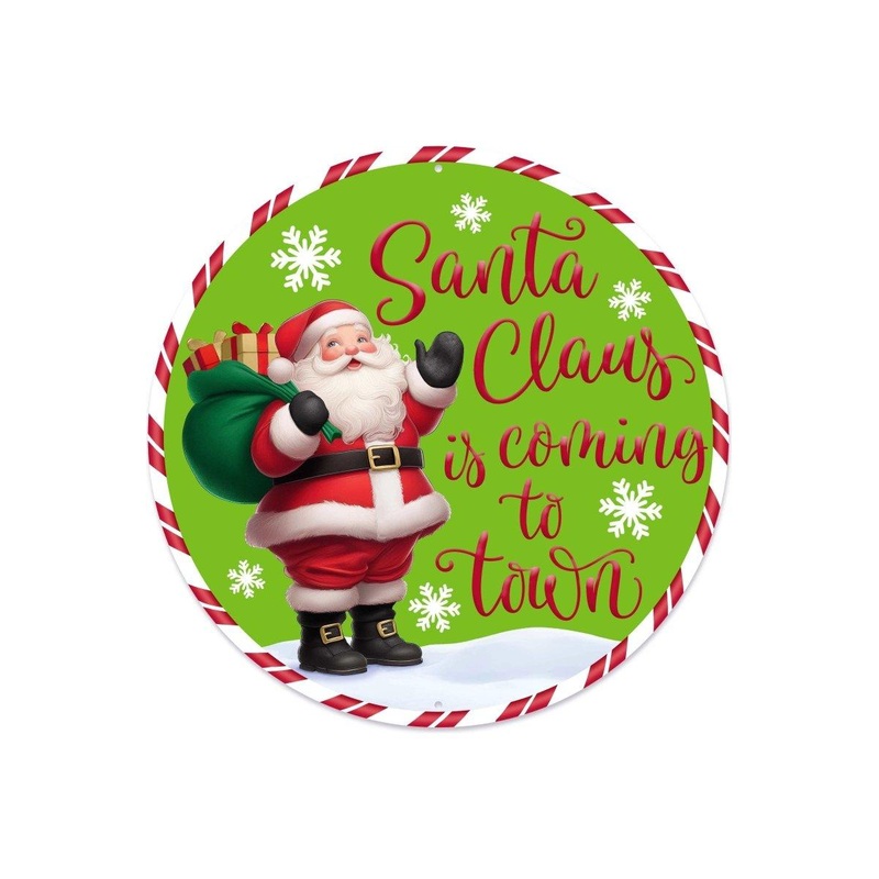12″ Metal Round Sign: Santa Coming To Town (Green)