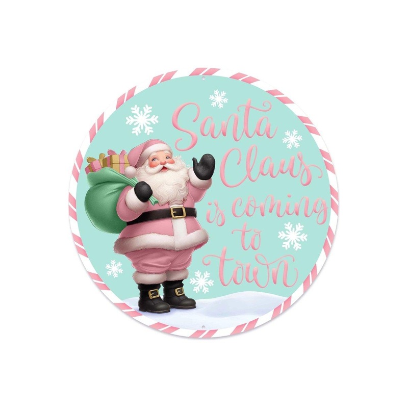 12″ Metal Round Sign: Santa Coming To Town (Ice Blue)