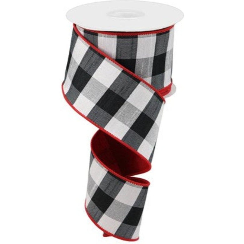 2.5″ Black Check Dupioni Fused Back Ribbon: Red (10 Yards)