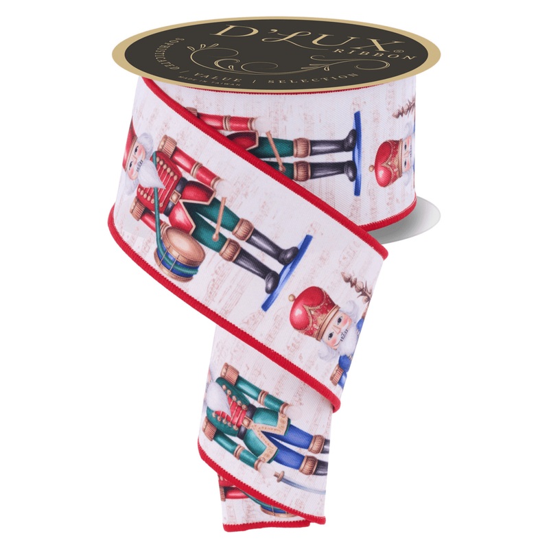 2.5″ D’Lux Nutcracker Fused Ribbon: Ivory/Red (10 Yards)
