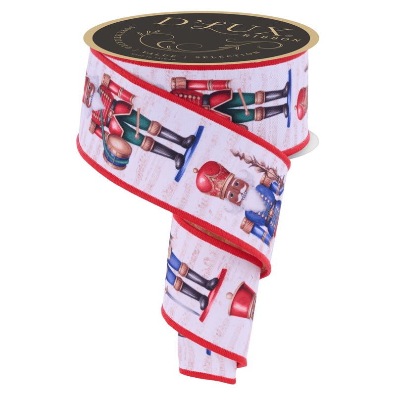 2.5″ D’Lux Nutcracker Fused Ribbon: White/Red (10 Yards)