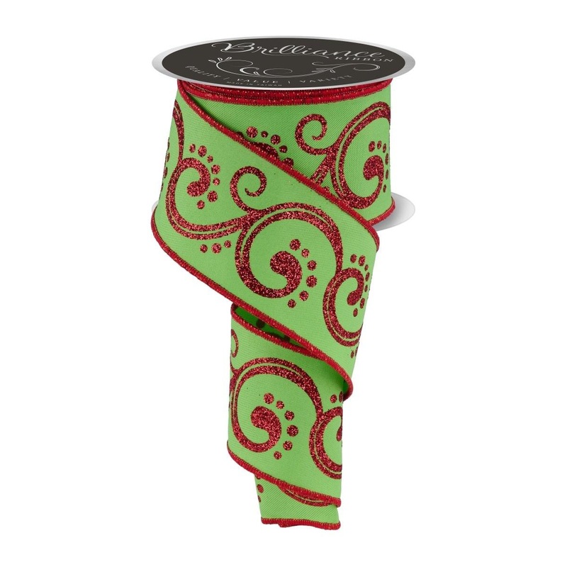 2.5″ D’Lux Swirl Design Ribbon: Lime/Red (10 Yards)