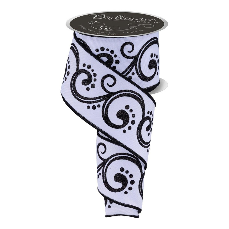 2.5″ D’Lux Swirl Design Ribbon: White/Black (10 Yards)