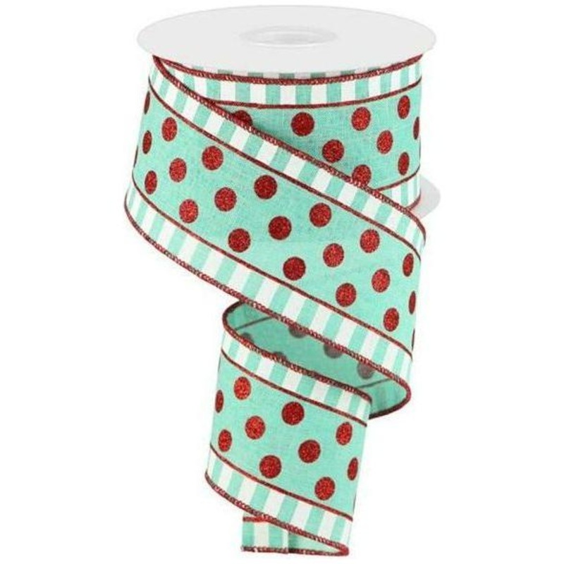 2.5″ Dots & Stripes Glitter Ribbon: Mint Green (10 Yards)