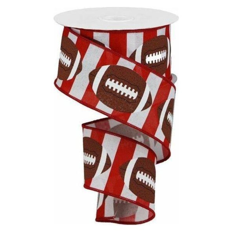 2.5″ Footballs On Stripe Ribbon: Crimson & White (10 Yards)