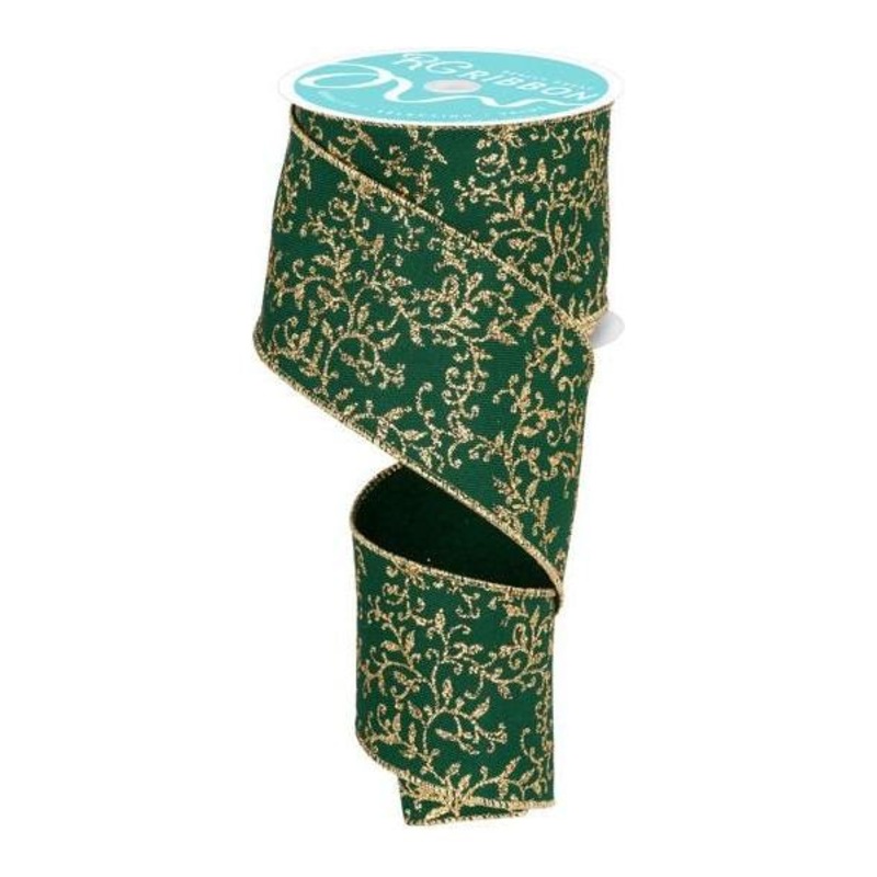 2.5″ Glitter Mini Leaf Vines Ribbon: Hunter Green/Gold (10 Yards)