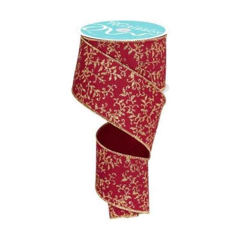 2.5″ Glitter Mini Leaf Vines Ribbon: Wine/Gold (10 Yards)