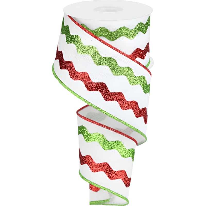 2.5″ Glitter Ricrac Ribbon: Red, Lime & White (10 Yards)