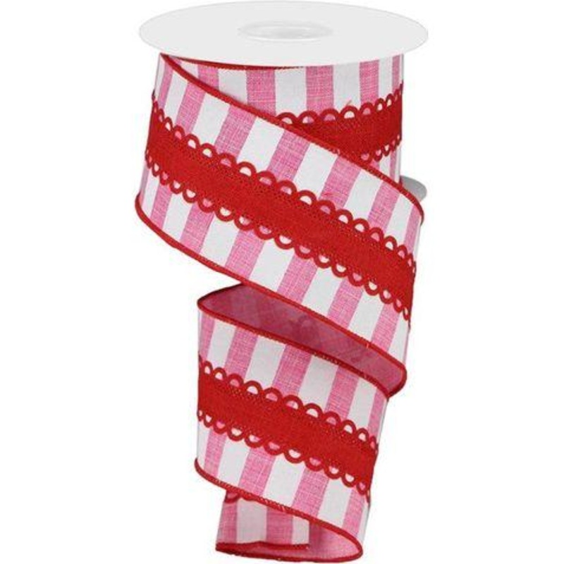 2.5″ Lace On Horizontal Stripe Ribbon: Pink/White (10 Yards)