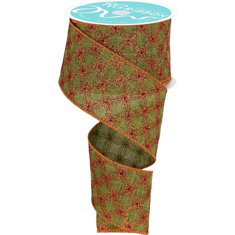 2.5″ Multi Circles and Dots Ribbon: Green/Copper (10 Yards)