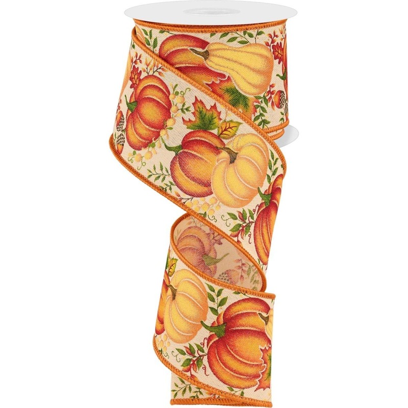 2.5″ Pumpkin Gourd Leaves Ribbon: Tan (10 Yards)