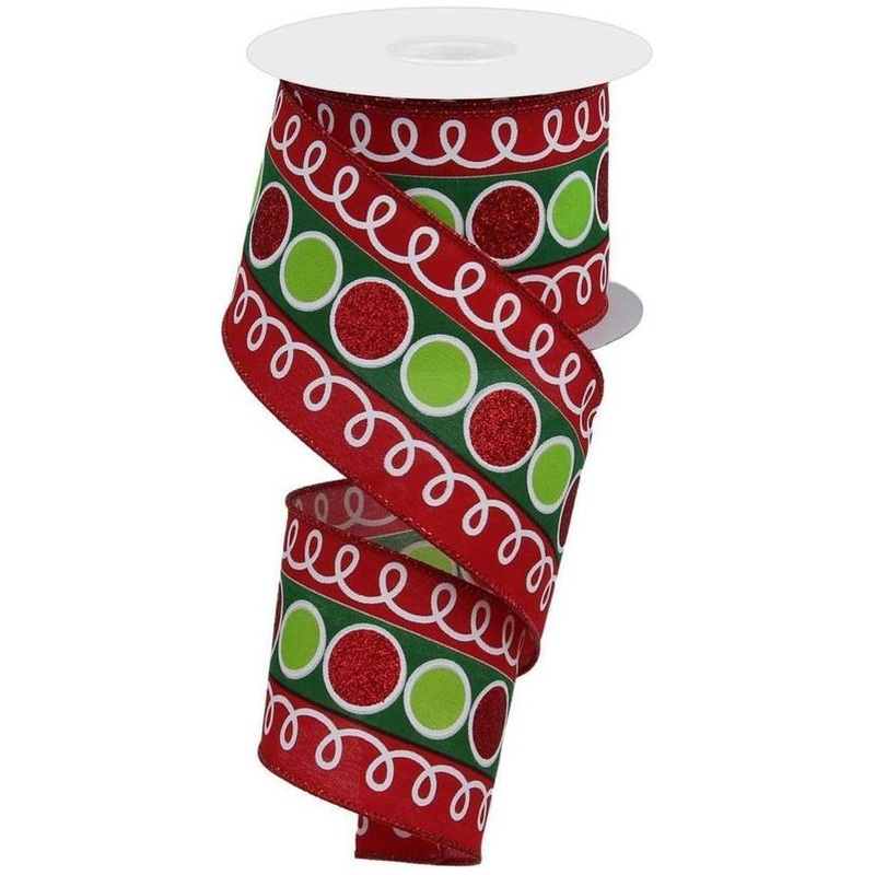 2.5″ Striped Glitter Circle Loops Ribbon: Red (10 Yards)