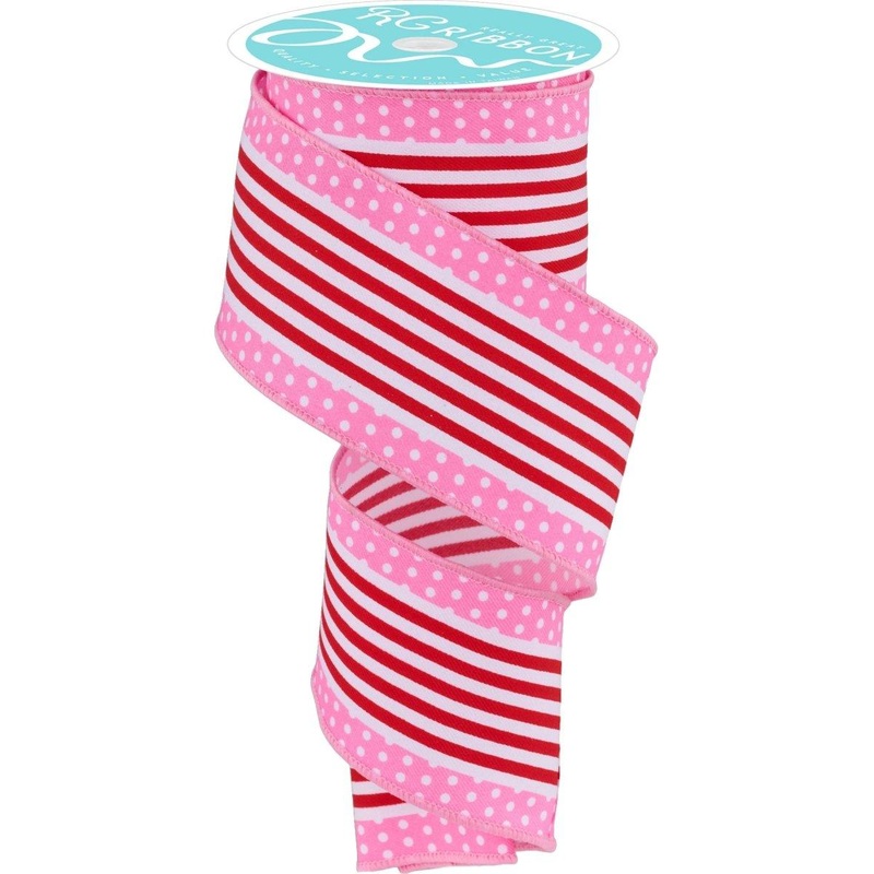 2.5″ Vertical Stripe Polka Dot Edge Ribbon: Red/Pink (10 Yards)