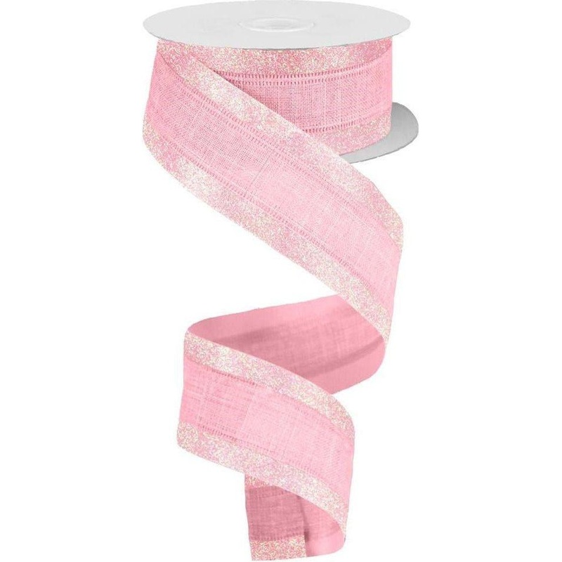 1.5″ Canvas On Satin Glitter Ribbon: Light Pink (10 Yards)