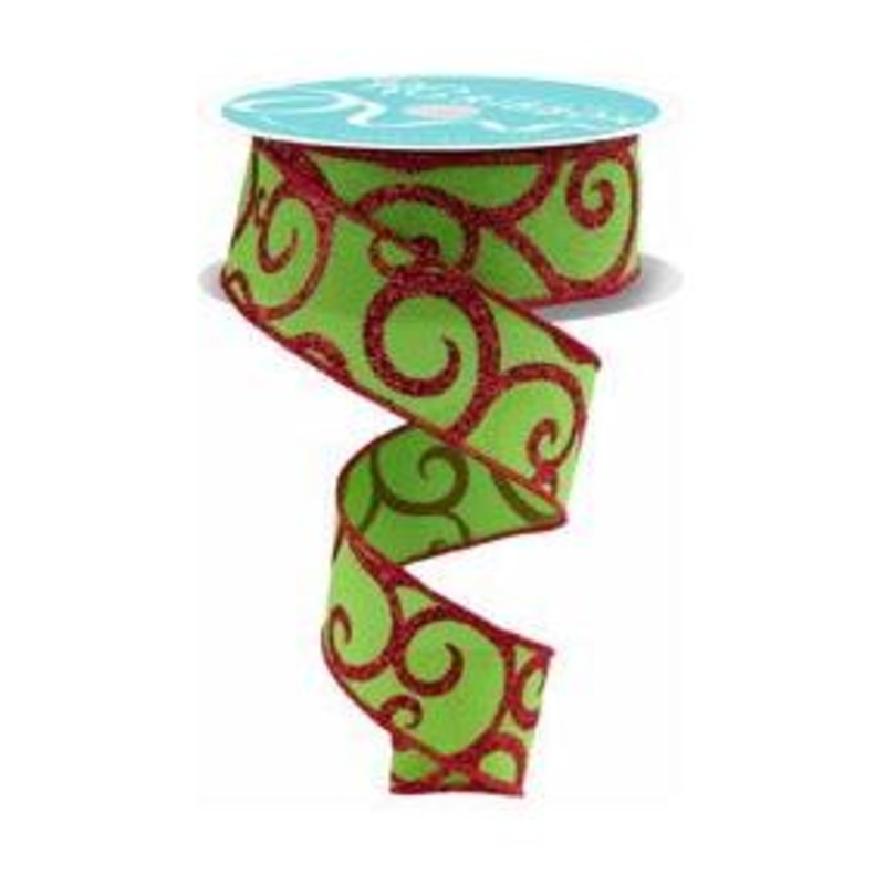 1.5″ Glitter Swirl Ribbon: Green/Red (10 Yards)