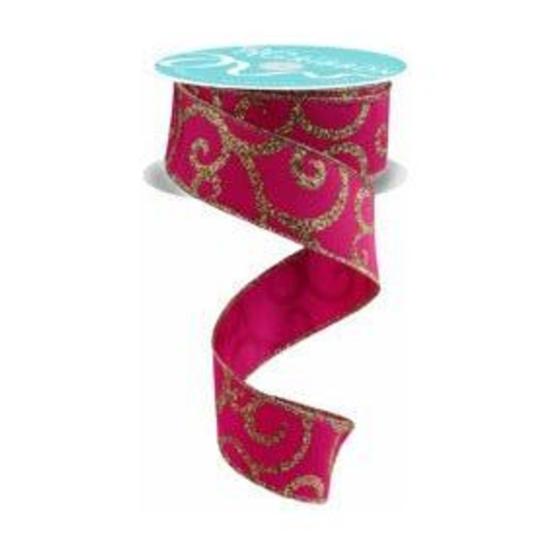 1.5″ Glitter Swirl Ribbon: Hot Pink/Gold (10 Yards)