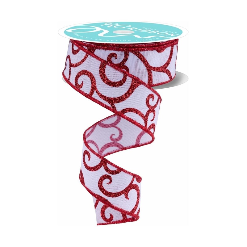 1.5″ Glitter Swirl Ribbon: White/Red (10 Yards)