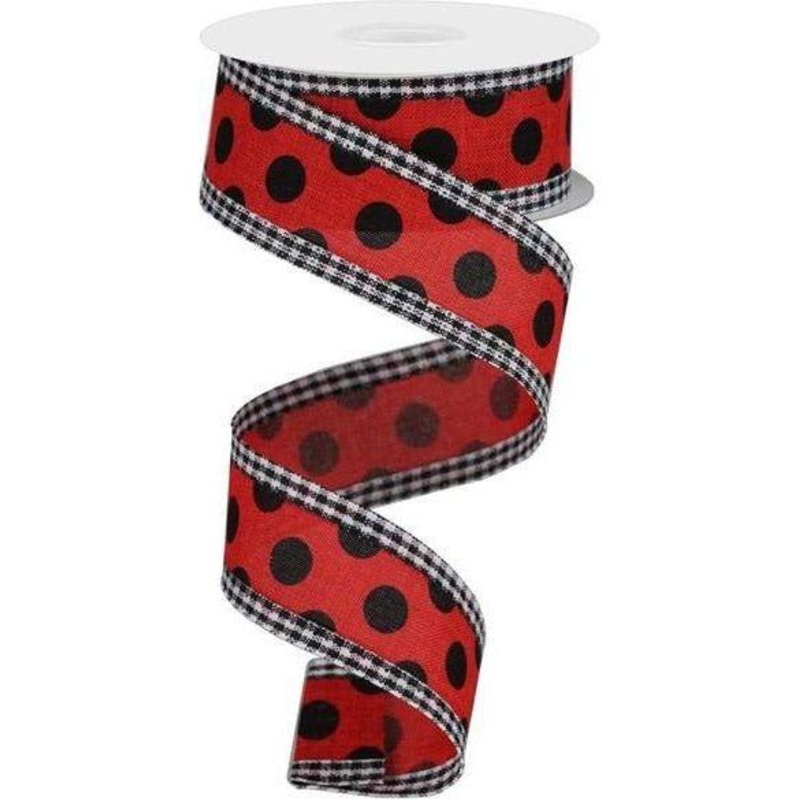 1.5″ Medium Polka Dots Gingham Edge: Red & Black (10 Yards)