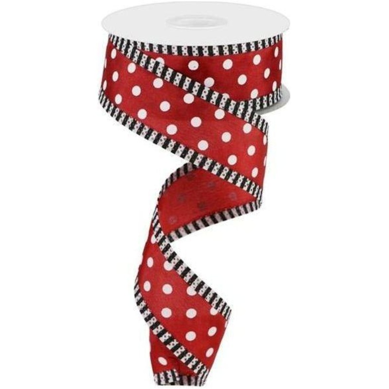 1.5″ Small Polka Dot Stripe Ribbon: Crimson Red/White (10 Yards)