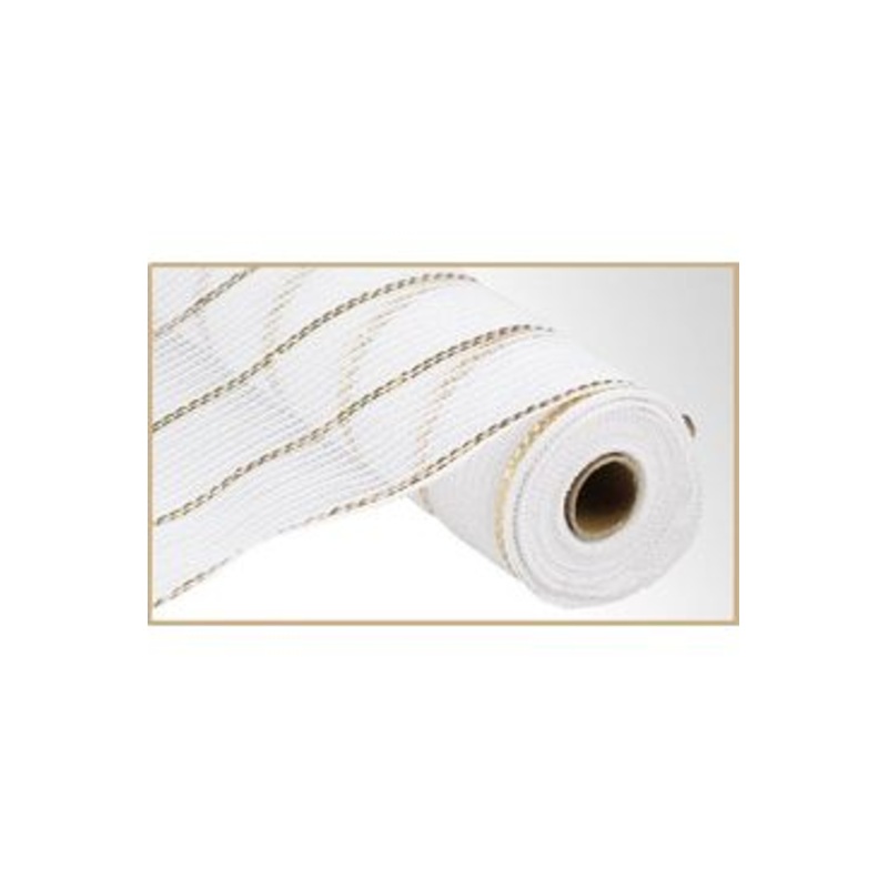 10.5″ Poly Jute Matte Metallic Mesh: White/Gold (10 Yards)