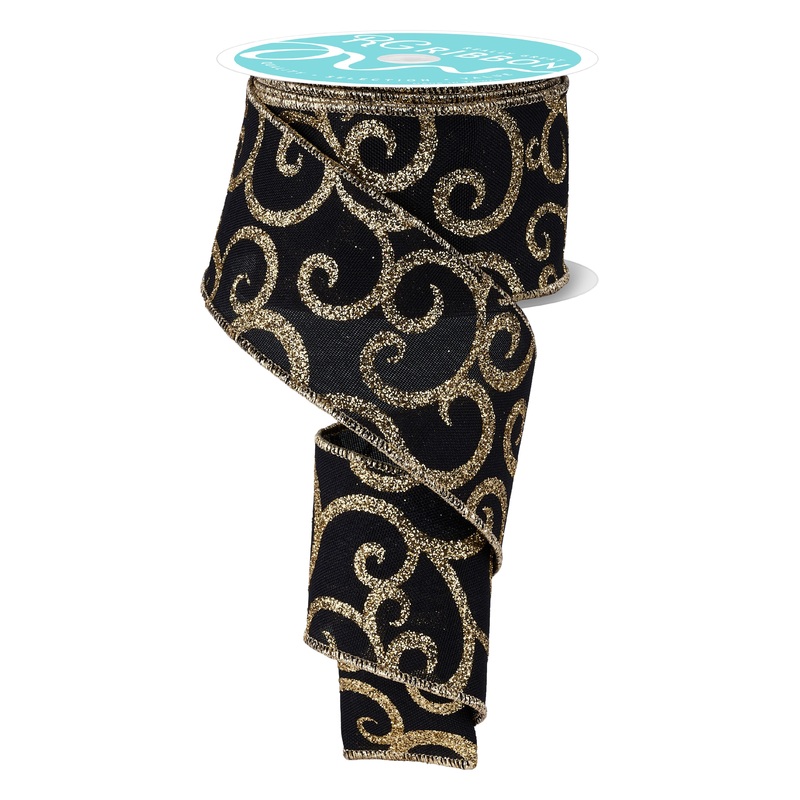 2.5″ Glitter Swirl Ribbon: Black/Gold (10 Yards)