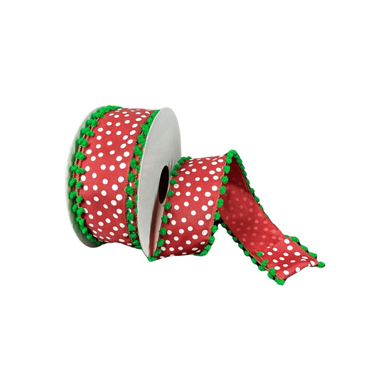 1.5″ Linen Dots Pom Pom Ribbon: Red/Green (10 Yards)