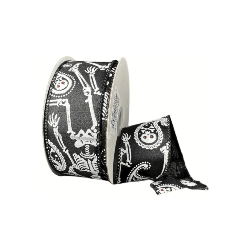 1.5″ Paisley Skull Halloween Ribbon: Black (10 Yards)
