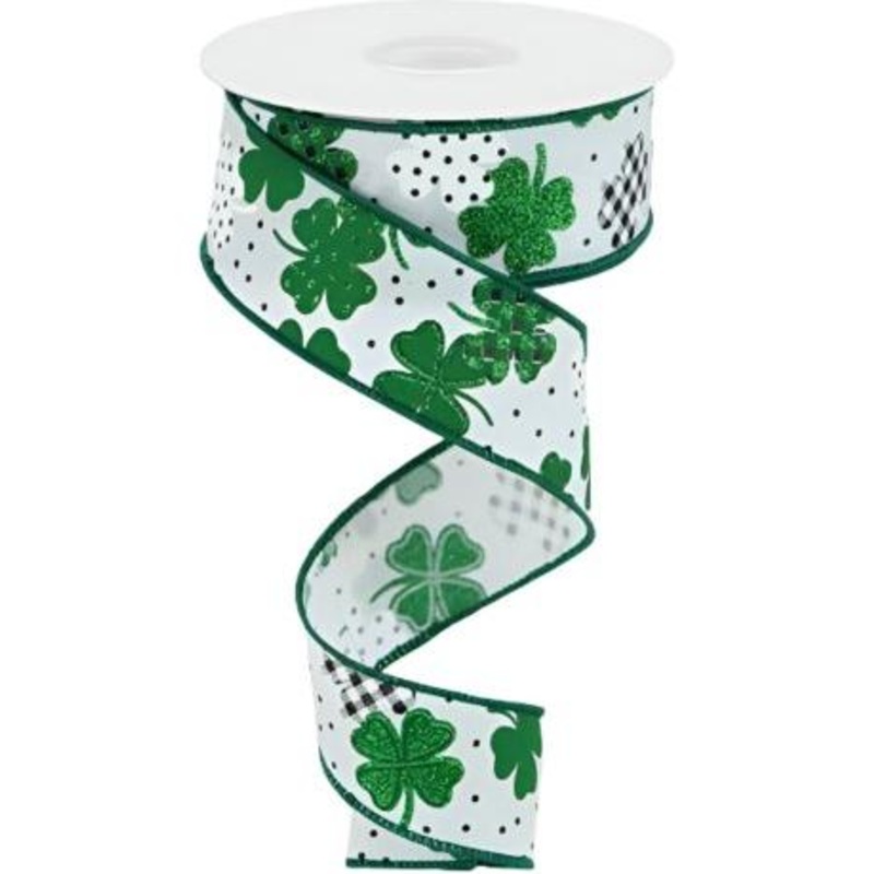 1.5″ Pattern Shamrock Ribbon: White (10 Yards)