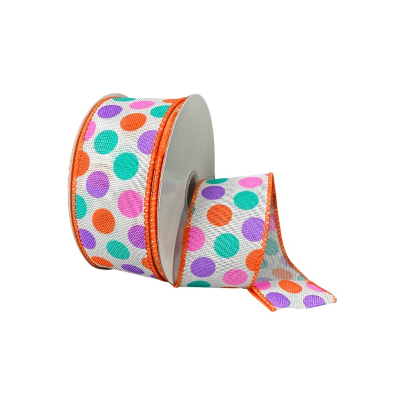 1.5″ Stiff Linen Polka Dot Ribbon: Multi (10 Yards)