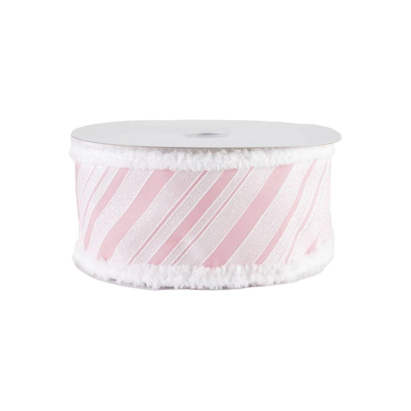 2.5″ Diagonal Stripe Snow Edge Ribbon: Pink & White (10 Yards)