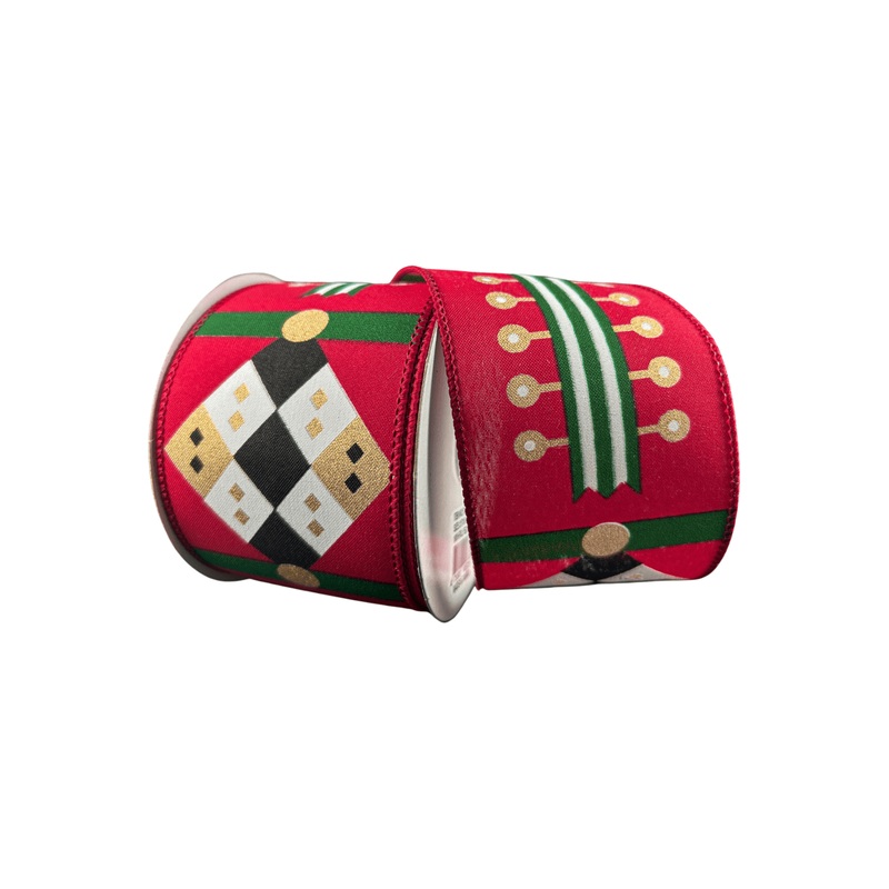 2.5″ Nutcracker Stripes & Patterns Ribbon: Red & Green (10 Yards)