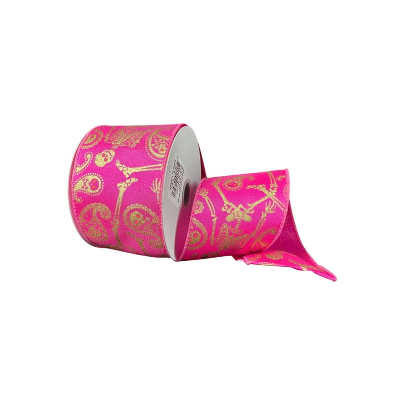 2.5″ Paisley Skull Halloween Ribbon: Fuchsia (10 Yards)
