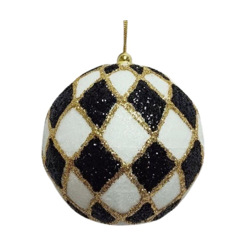 4″ Harlequin Glitter Ball Ornaments: Black/Gold
