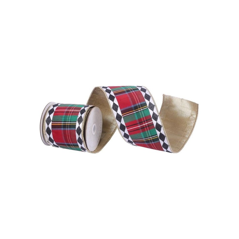 4″ Multi Tartan Black White Diamond Ribbon (10 Yards)