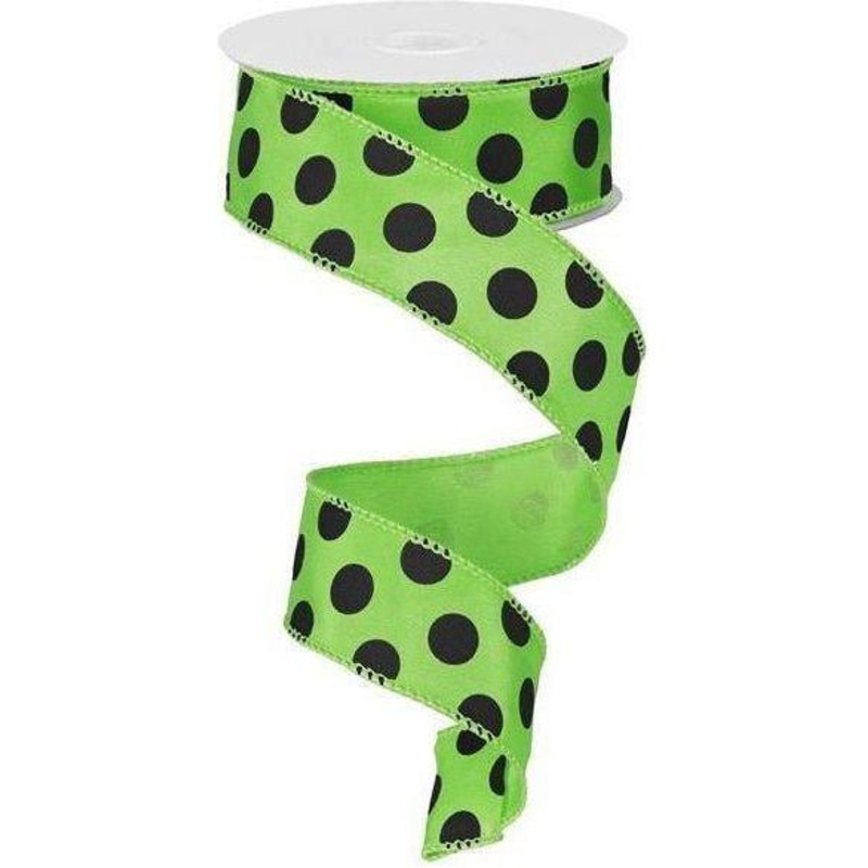 1.5″ Large Polka Dot Ribbon: Lime Green & Black (10 Yards)