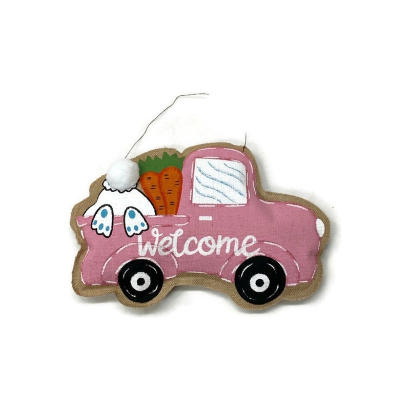 18″ Welcome Burlap Easter Door Hanger: Pink