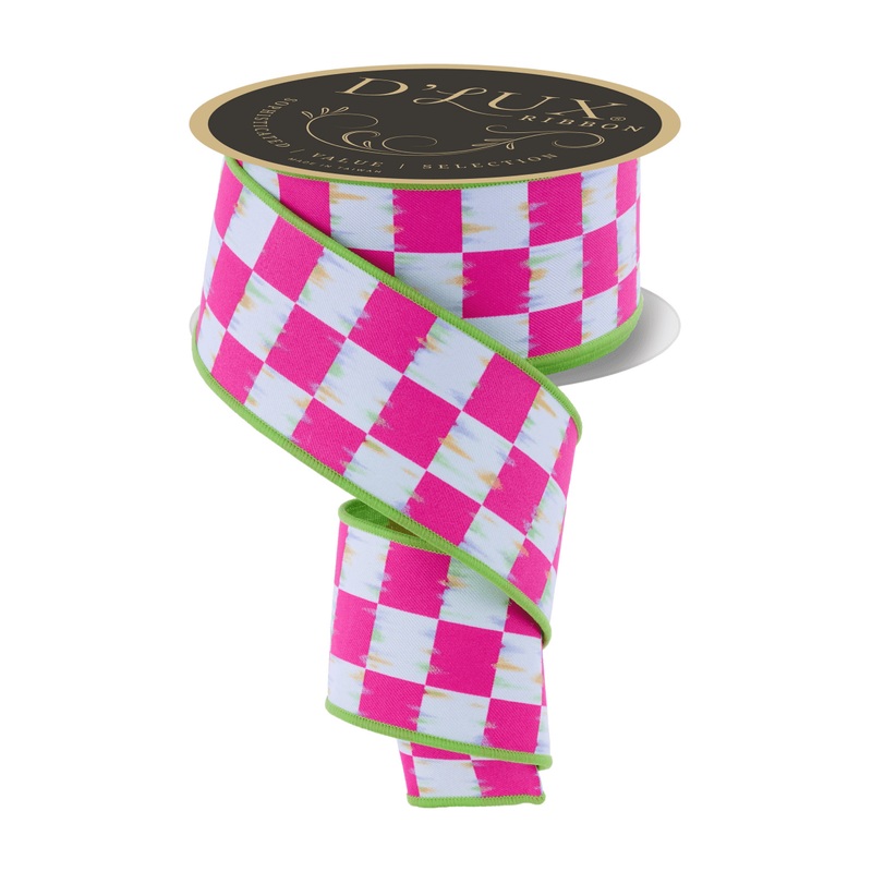 2.5 in Bold Antique Check Fused Ribbon: Hot Pink (10 Yards)