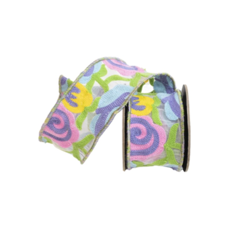 2.5″ Multifloral Pastel Folk Art Ribbon (10 Yards)