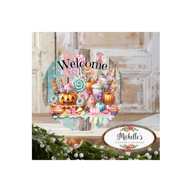 Halloween Welcome Pastel Candy Round Sign