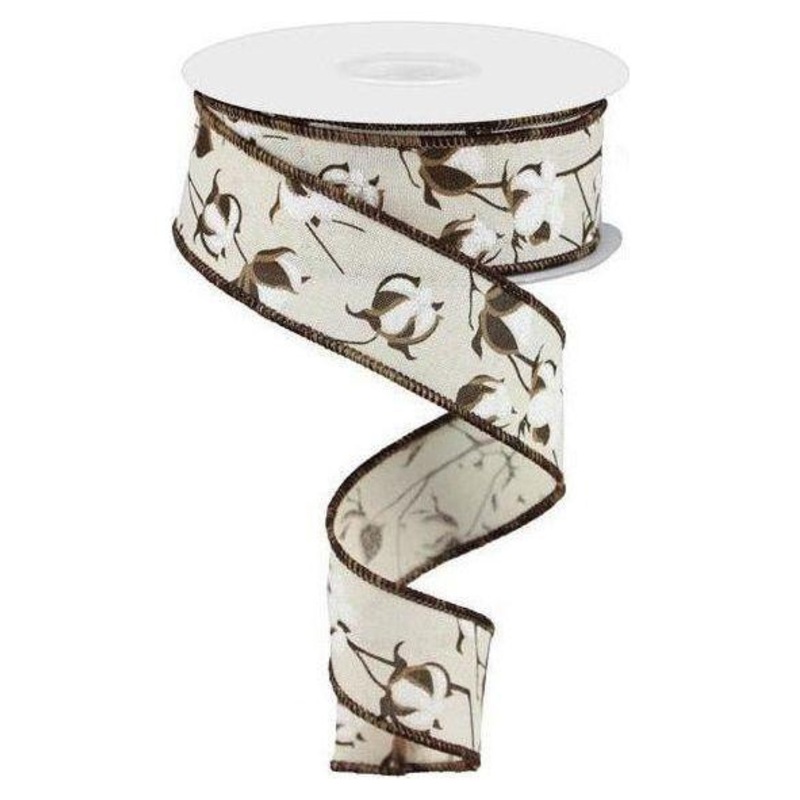1.5″ Cotton Pod Ribbon: Cream & White (10 Yards)
