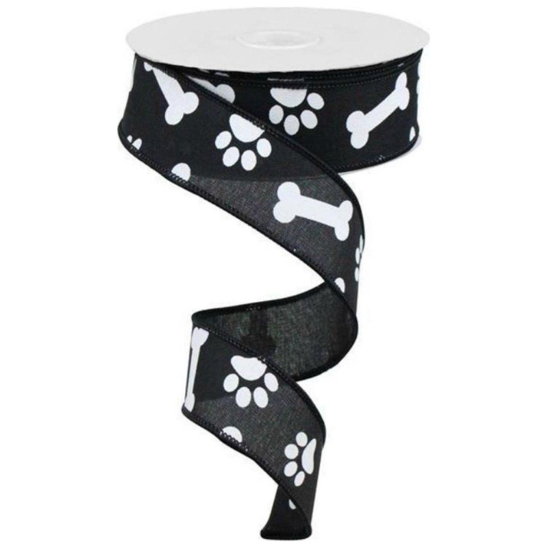 1.5″ Paw Print Royal Ribbon: Black (10 Yards)