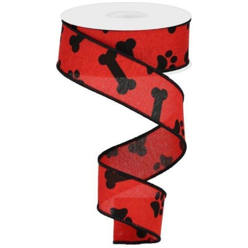1.5″ Paw Print Royal Ribbon: Red & Black (10 Yards)