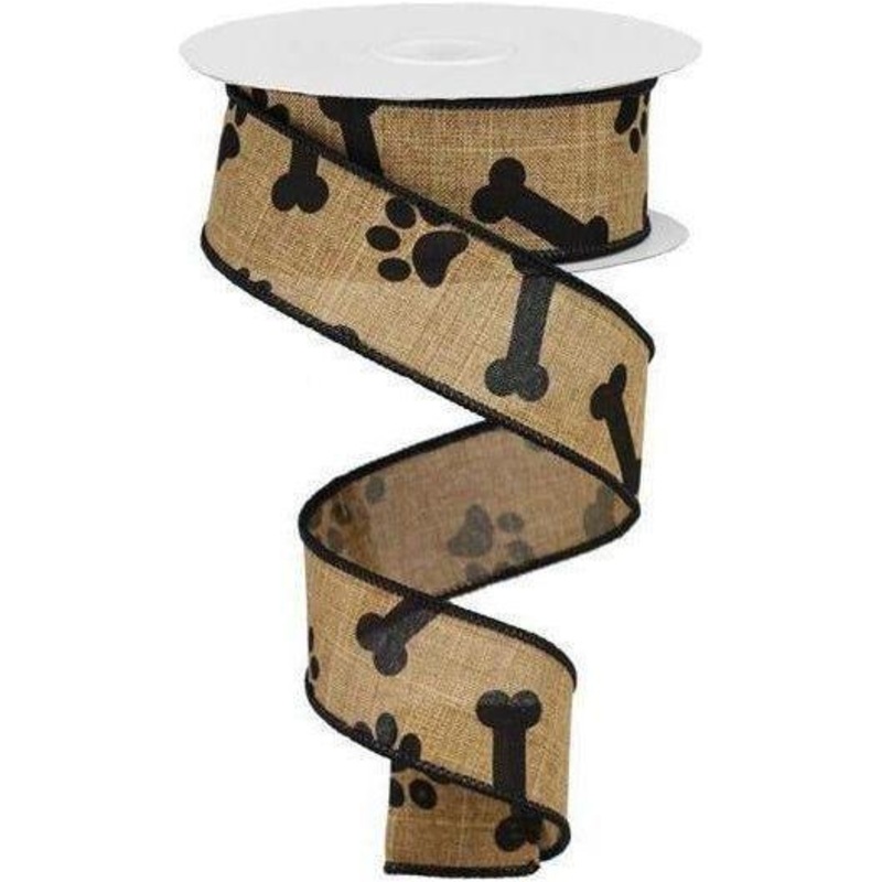 1.5″ Paw Print Royal Ribbon: Tan & Black (10 Yards)